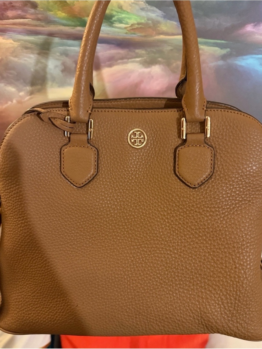 Tory Burch Brown Pebbled Leather Tote with Gold Logo